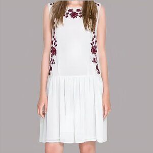 New Zara Ingénue Drop Waist Embroidered Midi Dress White Size XS